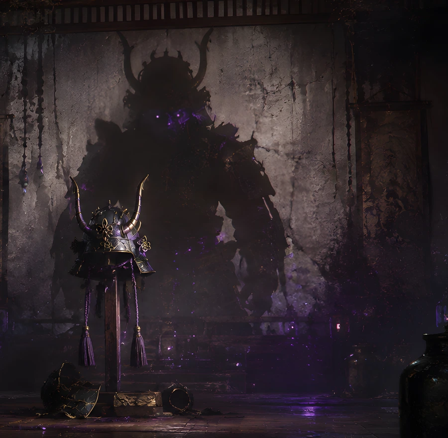 An empty horned helmet on a stand, casting the shadow of a towering armoured figure on the wall behind it.