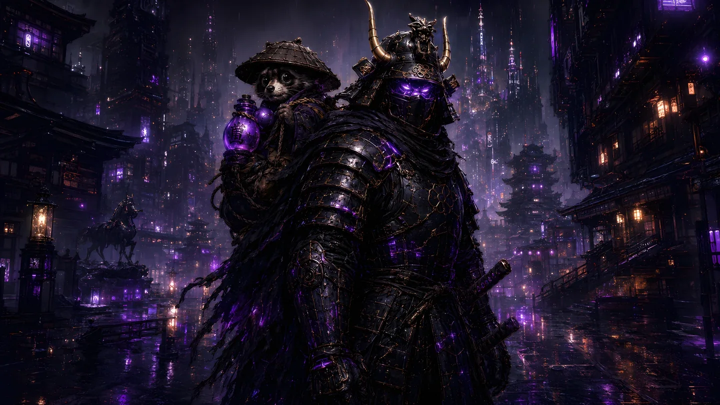 The warrior in black kintsugi armour walks through the rain-soaked city, the small tanuki on his shoulder.